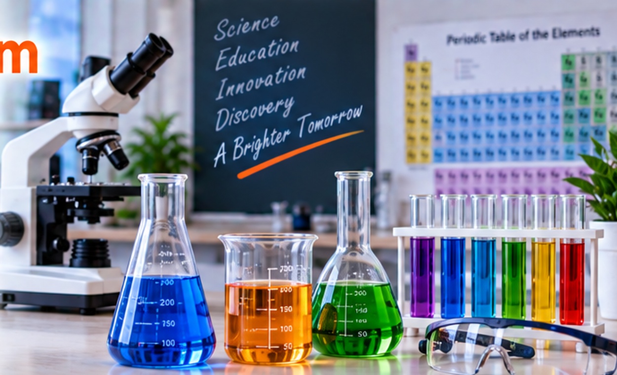 Laboratory microscope and colorful chemistry glassware